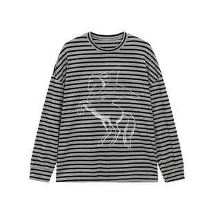 FUNKYFUN飞马印花条纹长袖宽松T恤男女同款落肩宽大慵懒风上衣