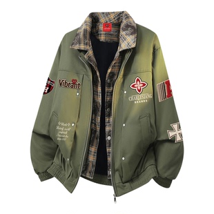 查尔斯桃心 美式假两件翻领夹克男女春上新徽章印花休闲情侣外套