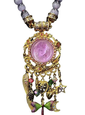 中古vintage月光睡梦天使人脸项链KF复古翅膀爱心星星月亮流苏