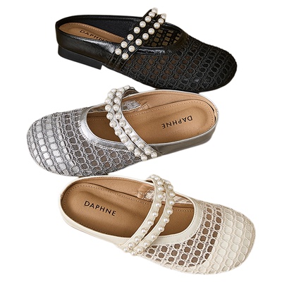 达芙妮2025新款珍珠网面包头拖