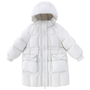女童90白鸭绒羽绒服长款女孩保暖外套冬装2025新款儿童宽松面包服