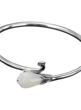 原创S925纯银古风白玉玉兰手镯