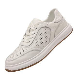 头层牛皮隐形内增高小白鞋男夏季镂空透气洞洞鞋6cm白色休闲皮鞋