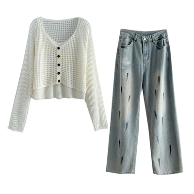 蝙蝠袖镂空针织罩衫牛仔裤套装女