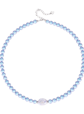 施家蓝色磨砂珍珠项链女