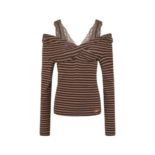 ARTE PURA25秋冬胶囊新款棕色条纹蕾丝拼接打底衫女内搭长袖上衣