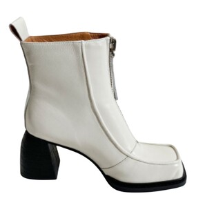 莲花府邸2025冬季新款短靴方头前拉链粗跟时装靴百搭真皮短筒靴女