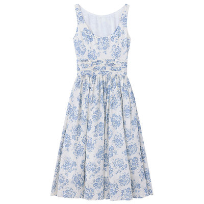 大露背棉布一字领显瘦印花赫本风