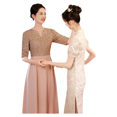 粉色喜婆婆婚宴装2025新款高级感高贵年轻妈妈婚礼晚礼服女小个子