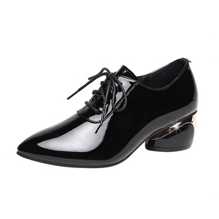 金特 百丽真皮系带单鞋女中跟漆皮英伦尖头深口粗跟时尚女式皮鞋