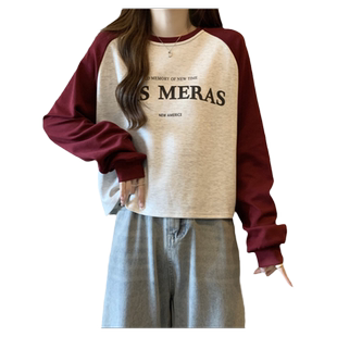 ins超火短款卫衣女春秋薄款2026新款韩版宽松撞色长袖vintage上衣