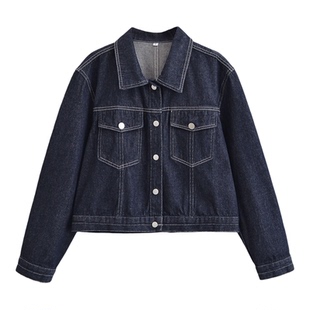 Y 2026春季新款【不褪色】丹宁色港风翻领短款显瘦复古袖牛仔外套