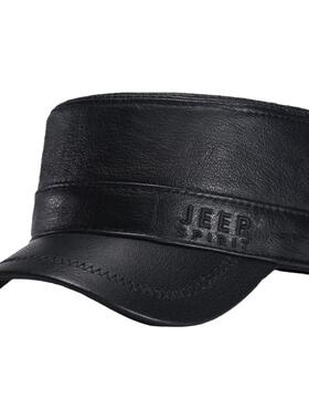 Jeep spirit吉普正品中年皮帽男真皮时尚休闲平顶帽秋冬季老年人