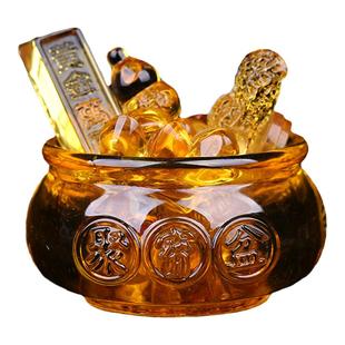 黄水晶聚宝盆摆件琉璃元宝金黄色招财家居桌面摆设乔迁礼品开业