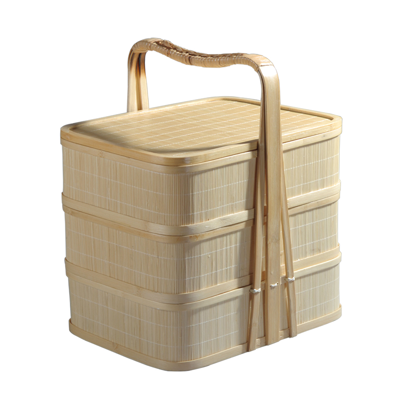 野餐拜拜神佛家用食盒酒店外卖手提送餐篮竹编三层方形框竹篮子