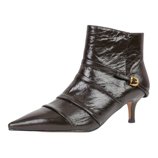 奥莱专供Nine West/玖熙小尖头褶皱真皮瘦瘦靴切尔西女靴高跟短靴