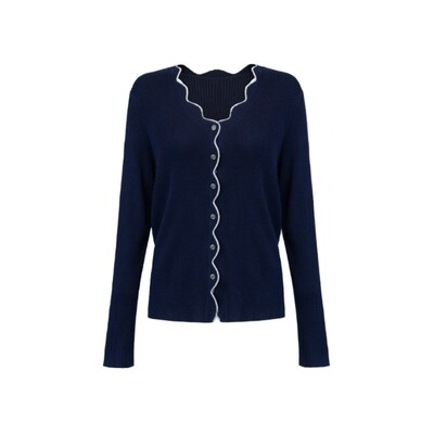 羊毛波浪白边开衫短裤深蓝色棕色