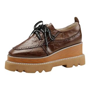 杨小东松糕鞋高跟真皮厚底单鞋女原创春秋新款系带复古方头小皮鞋