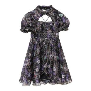 我爱露露LULUALWAYS夏季新款优雅印花镂空短款圆领连衣裙