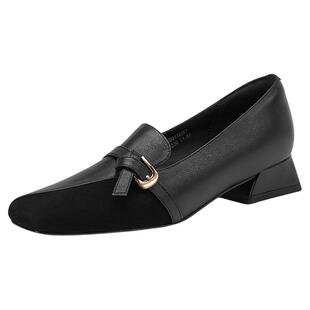 星期六复古拼接方头小皮鞋女秋季新款粗跟乐福鞋百搭粗跟通勤单鞋