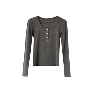 肤感一绝~！软糯气质长袖T恤女2026春季新款贝壳扣弹力修身打底衫