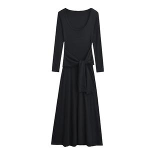 怪力酱 法式针织连衣裙女春秋辣妹修身长袖收腰气质内搭绑带长裙