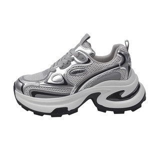 爆款百搭厚底老爹鞋女小个子增高2025超火新款秋冬银色运动休闲鞋