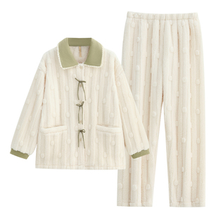 家乐芬女士睡衣冬季女款秋冬款法兰绒加绒加厚款珊瑚绒家居服冬天