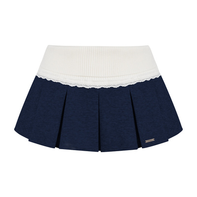 针织拼接蕾丝边A字百褶半裙