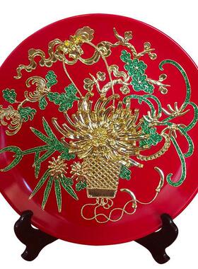 陶瓷结婚送新人中国红漆线雕挂盘