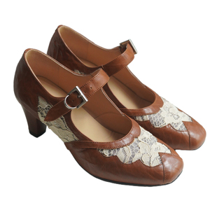 奈里法式复古蕾丝棕白拼色维多利亚玛丽珍单鞋民国旗袍40高跟女鞋