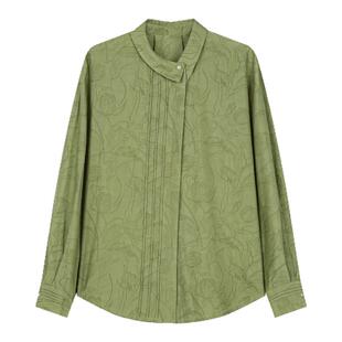 solighter 法式亚麻不对称翻领提花衬衫女秋季2025新款长袖上衣