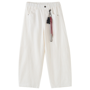 女大童白色弯刀休闲裤2026春季新款青少年时尚松弛直筒裤亲子长裤