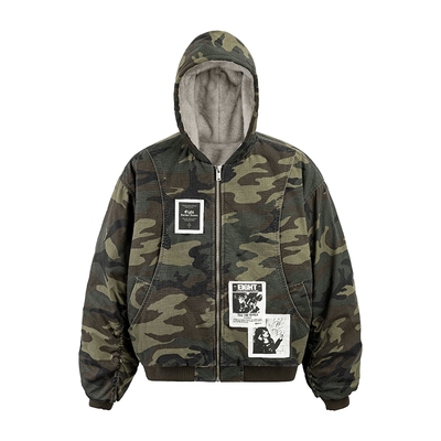 8FF/25SS 加厚仿兔毛做旧连帽座山雕bomber飞行夹克美式棉服外套