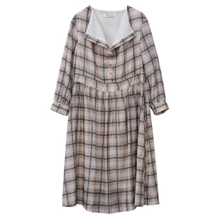 一三良品小个子 温柔气质通勤复古格子荡领收腰连衣裙长裙子秋季