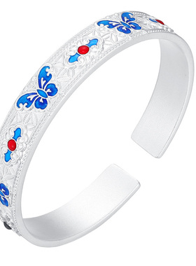 苏州银楼足银手镯 999蝴蝶恋手镯送女友生日礼物开口刻字银饰品