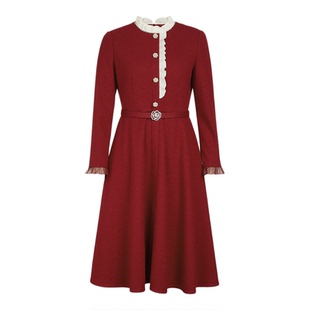 珂莱蒂尔秋冬法式复古气质浪漫玫瑰系红色A字连衣裙女中长款