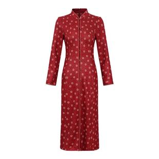 黛玛诗显瘦花裙子新款新中式立领对襟复古石榴红旗袍连衣裙女