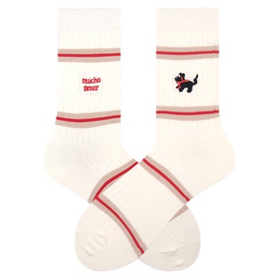 白色条纹小狗袜子女中筒袜2026新款爆款可爱AB卡通小狗袜子女长袜