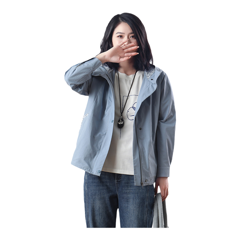 无色无味长袖连帽碎花拼接外套女