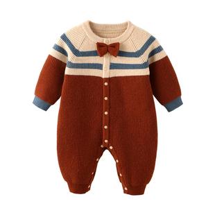 modomoma婴儿针织棉线连体衣秋冬绅士男宝衣服英伦风毛衣外出爬服