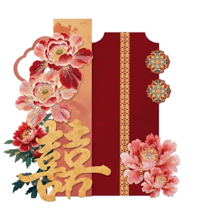 结婚装饰国潮牡丹花艺晨袍拍照区男女方婚房布置kt板婚礼迎宾套装