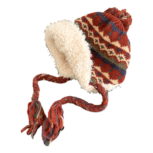 费尔岛红色羊羔毛绒雷锋帽女冬季加厚加绒护耳帽保暖防寒针织帽子