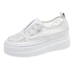 内增高小白鞋女2026夏季新款百搭厚底松糕懒人透气网面蕾丝渔夫鞋