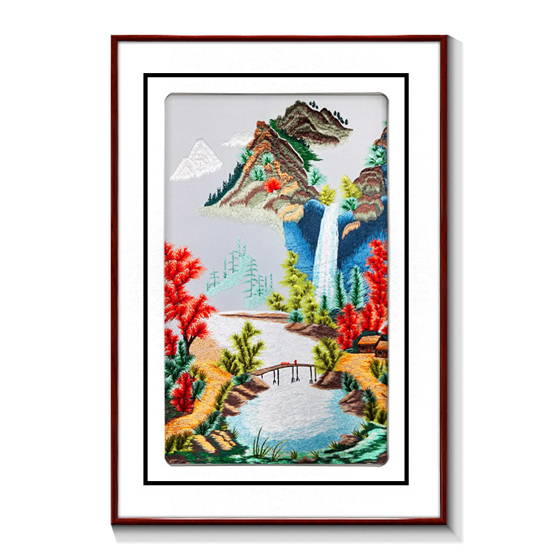 山水柿子苏绣成品挂画中式客厅背景墙装饰画餐厅中国风壁画刺绣