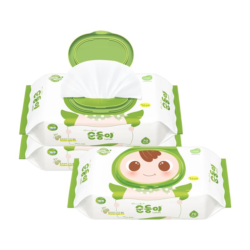 顺顺儿韩国进口湿巾新生婴儿宝宝手口屁专用湿纸巾加厚装70抽*3包