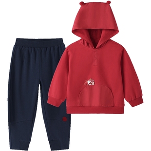 英氏儿童套装红色男童连帽卫衣喜庆新年过年拜年服春秋