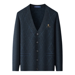 梦特娇男装秋冬季中老年针织开衫纽扣款100%绵羊毛男士毛衣外套Z