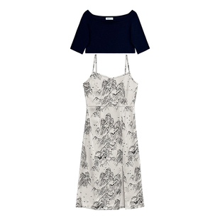 【千里江山·只此青绿】原创中式国风吊带裙女一字肩短打底衫套装