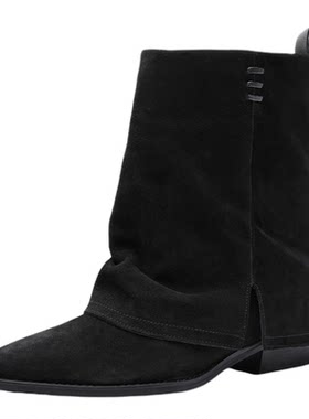 玖熙复古尖头粗跟短靴